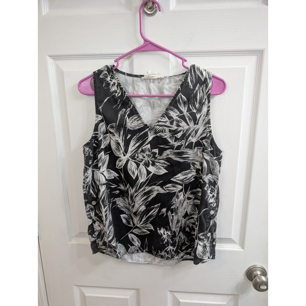 C&C California Tank Top Black White Floral Lyocell V-Neck -‎ Size M